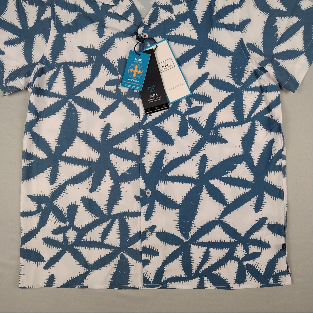 MBX Premium Goods Mens S NWT Camp Shirt Blue White Tropical Palm Leaf Stretch - Picture 8 of 15